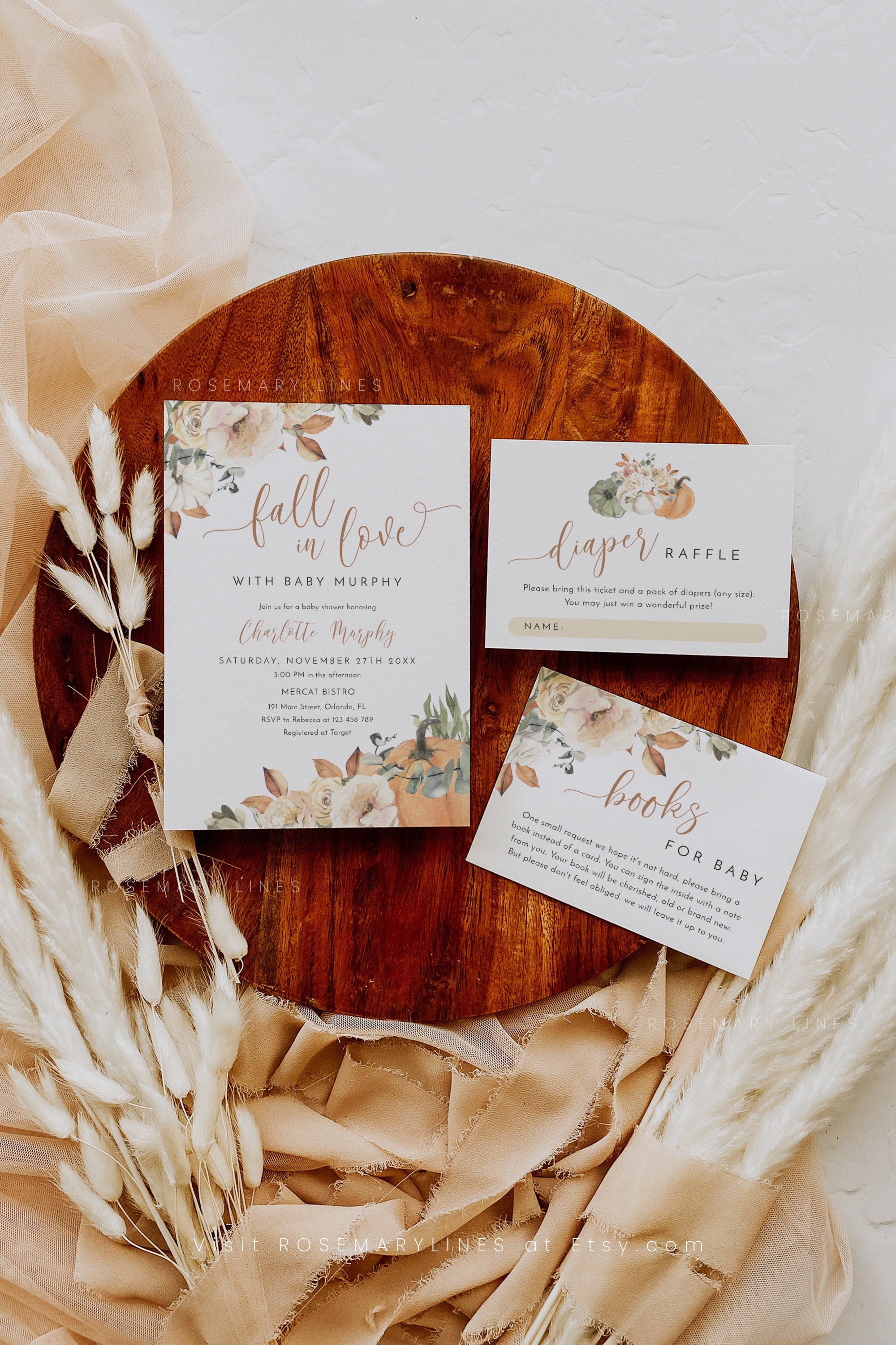 Fall in love baby shower invitation set template, fall baby shower invitations, pumpkin autumn leaves rustic baby shower invites #120