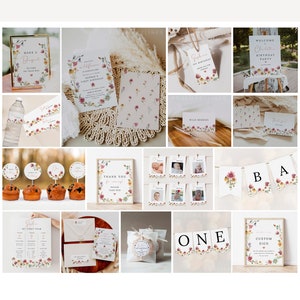 May include: A collection of printable party decorations featuring a watercolor floral design with pink, yellow, and green accents. The decorations include a welcome sign, a banner, cupcake toppers, a thank you sign, and a photo booth backdrop. The text on the decorations includes "Welcome to Sophia's 1st Birthday Party", "One", "Thank You for coming! Please take one", and "Wildflowers are blooming for Sophia's First Birthday".