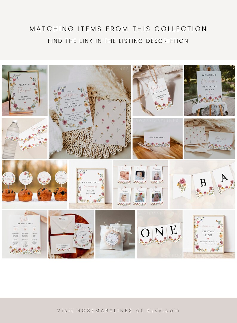 May include: A collection of printable party decorations featuring a watercolor floral design with pink, yellow, and green accents. The decorations include a welcome sign, a banner, cupcake toppers, a thank you sign, and a photo booth backdrop. The text on the decorations includes "Welcome to Sophia's 1st Birthday Party", "One", "Thank You for coming! Please take one", and "Wildflowers are blooming for Sophia's First Birthday".