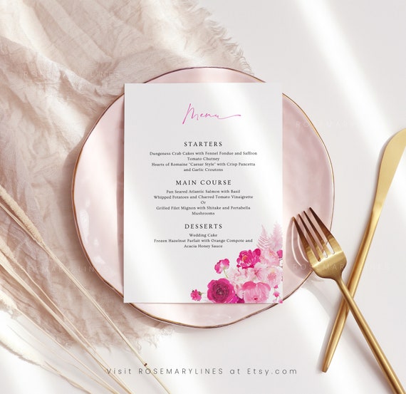Modern Hot Pink Wedding Menu Template Red and Pink Floral Etsy