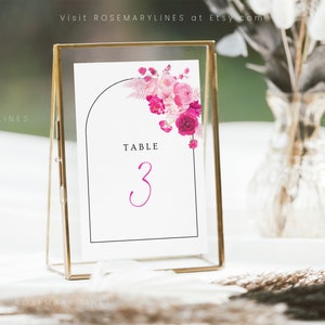 Hot pink floral table number template, blush bubblegum pink table numbers wedding, fuchsia magenta summer printable table number 212 image 6