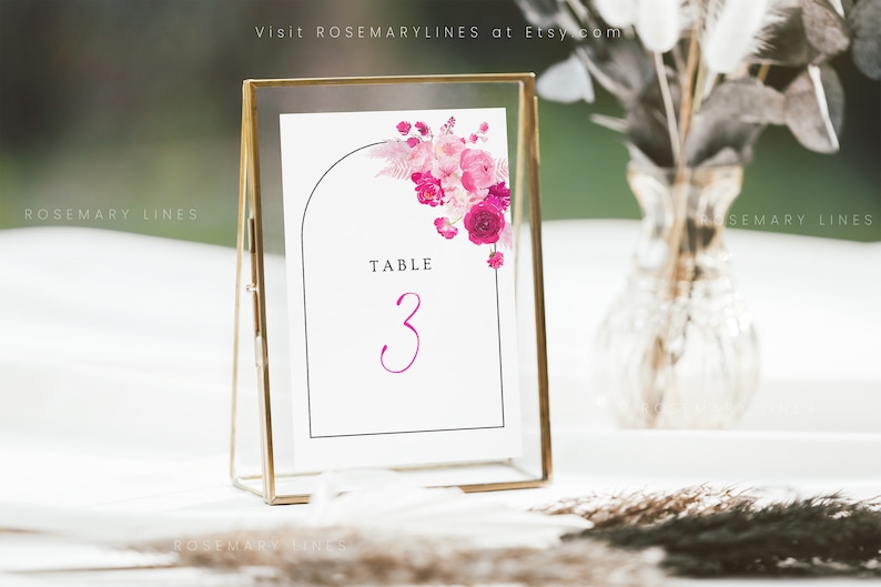 Hot pink floral table number template, blush bubblegum pink table numbers wedding, fuchsia magenta summer printable table number 212 image 6