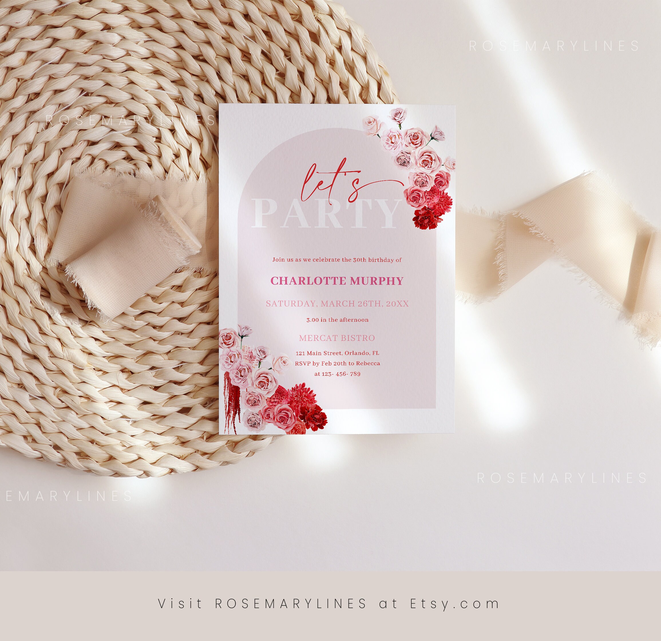 Red and Pink Birthday Invitation Template Hot Pink Flowers - Etsy