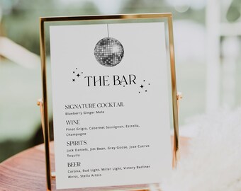 Disco Bar Menu Wedding Retro Bar Menu Sign Disco Ball Bar 