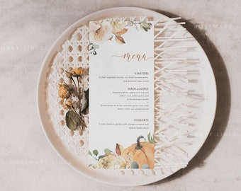 Fall wedding menu cards, pumpkin wedding menu, rustic fall floral menu template, shower menu, thanksgiving menu cards, dinner menu #120