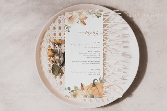 Fall wedding menu cards, pumpkin wedding menu, rustic fall floral menu template, shower menu, thanksgiving menu cards, dinner menu #120