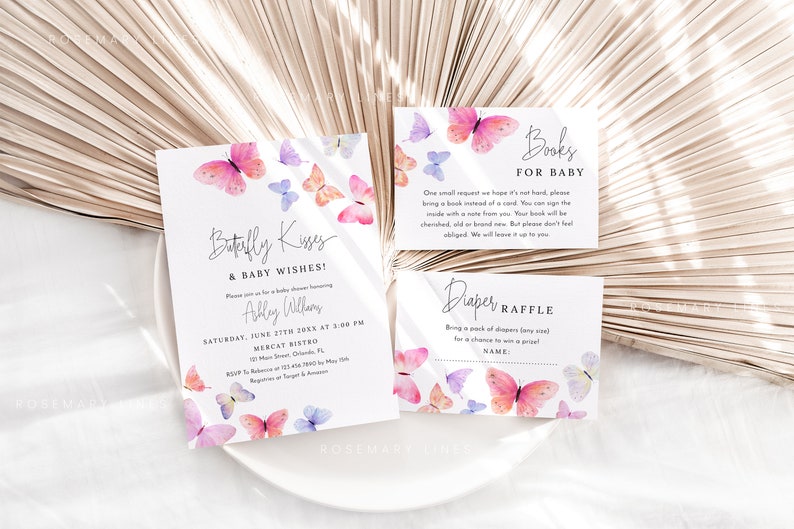 Butterfly Kisses Baby Shower Invitation Set Template Pink Etsy