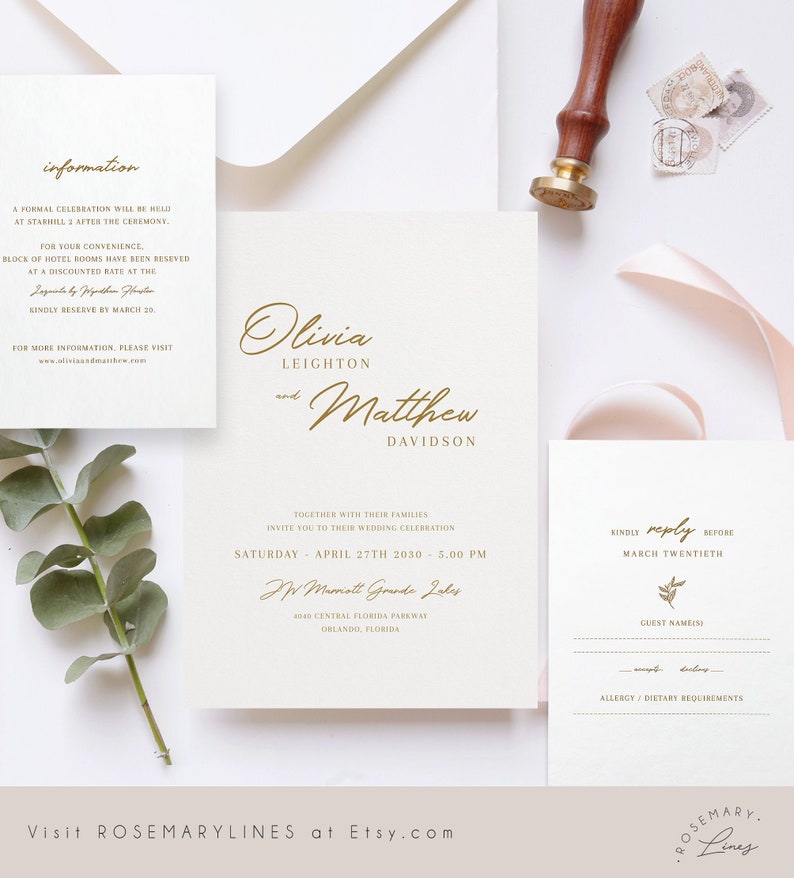 Gold wedding invitation template, gold wedding suite, elegant minimal wedding invites, modern minimalist invitation set, fall winter 078 image 1