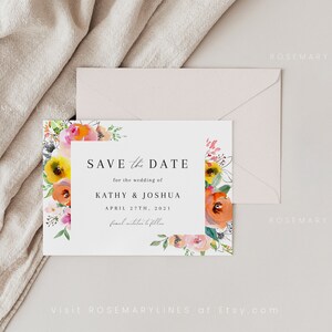 May include: Save the date card with a floral border. The card is white with black text that reads "Save the Date for the wedding of Kathy & Joshua April 27th, 2021".