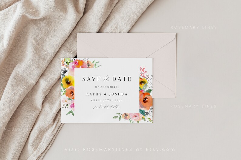 May include: Save the date card with a floral border. The card is white with black text that reads "Save the Date for the wedding of Kathy & Joshua April 27th, 2021".