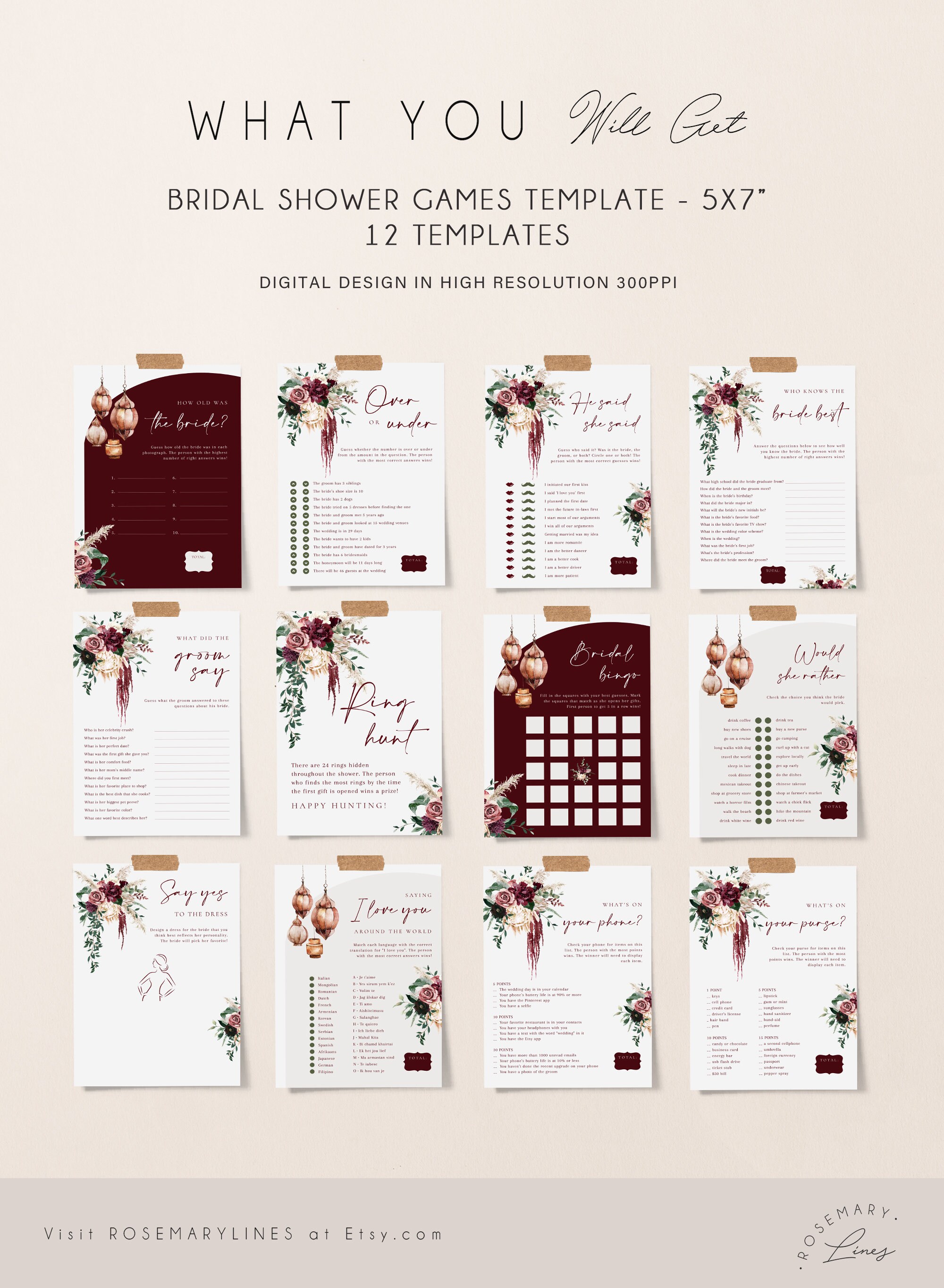 Boho Bridal Shower Games Bundle Template Moroccan Burgundy - Etsy