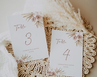 Blush boho wedding table numbers, dried palm table number template, dusty rose table number signs, neutral pale blush floral orchid #160