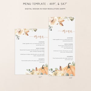 K&ouml;nnte beinhalten: Wei&szlig;e Men&uuml;vorlagen mit floralen und K&uuml;rbis-Aquarelldesigns. Die Vorlagen sind in den Gr&ouml;&szlig;en 4x9 und 5x7 Zoll erh&auml;ltlich. Das Men&uuml; umfasst Vorspeisen, Hauptgerichte und Desserts.