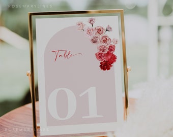 Red and pink rose table numbers, ombre red pink floral wedding table number, hot pink flowers table number template, blush, fuchsia #171
