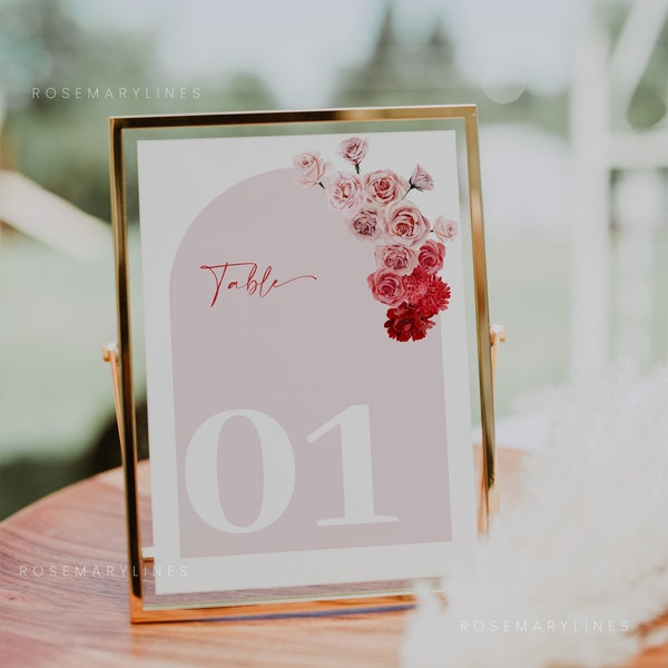 Red and pink rose table numbers, ombre red pink floral wedding table number, hot pink flowers table number template, blush, fuchsia #171