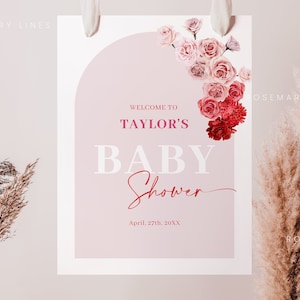 Red and pink baby shower welcome sign template, hot pink flowers welcome sign, ombre red blush pink floral baby shower sign, fuchsia #171