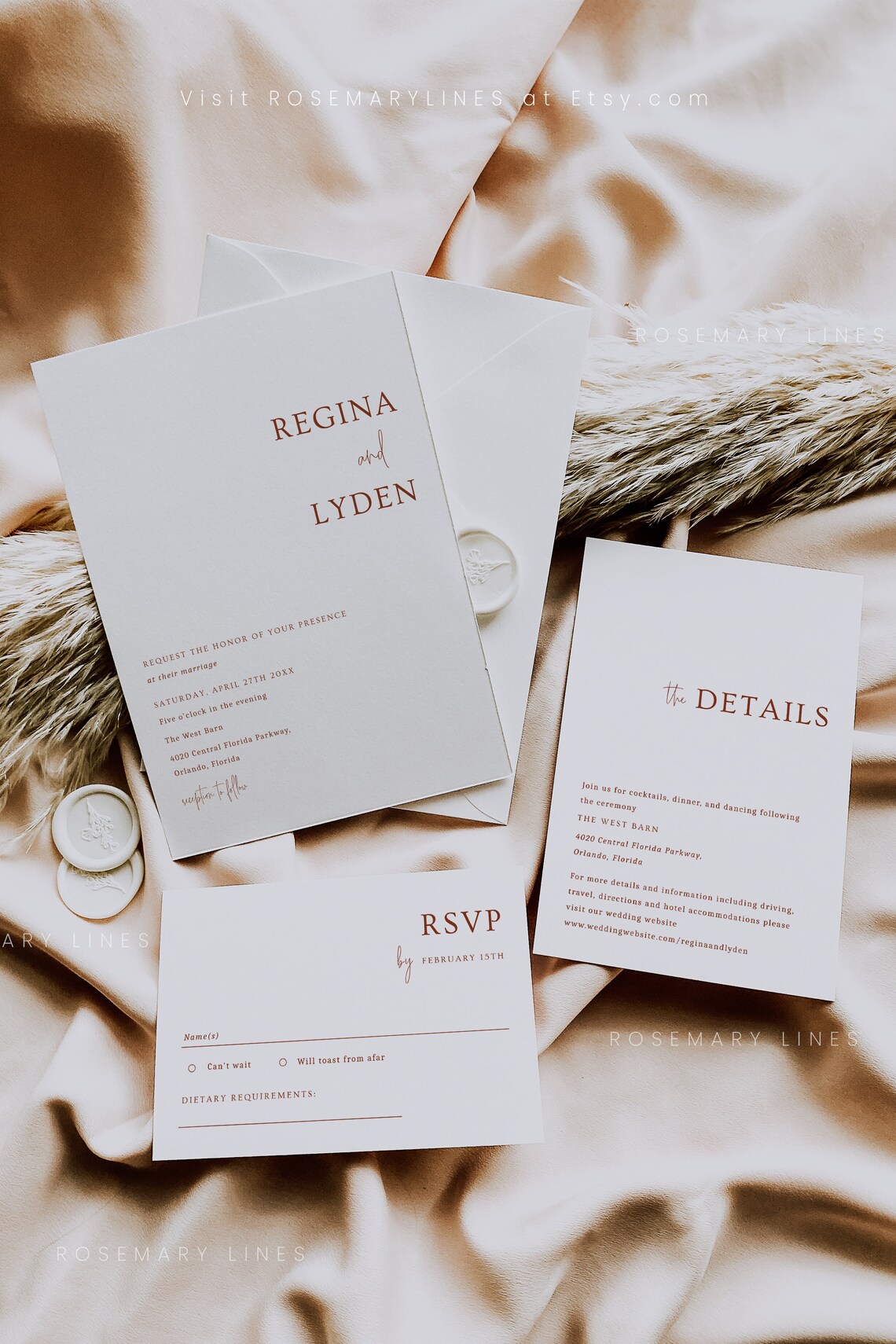 Modern Terracotta Wedding Invitation Set Template Minimal | Etsy