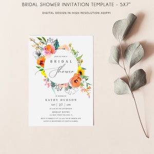Summer bridal shower invitation template, colorful bright floral bridal shower invites spring vibrant coral orange blush pink yellow 093-7a image 7