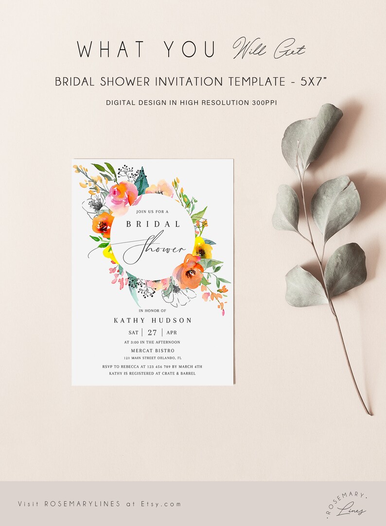 Summer bridal shower invitation template, colorful bright floral bridal shower invites spring vibrant coral orange blush pink yellow 093-7a image 7
