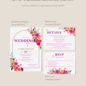 Puede incluir: Un conjunto de tres plantillas de invitaci&oacute;n de boda imprimibles con un dise&ntilde;o floral con rosas rosas, naranjas y amarillas. La plantilla de invitaci&oacute;n principal incluye el texto "Join us for the Wedding of Claire & William" y la fecha "Sat 27 Mar". La tarjeta de detalles incluye el texto "The Details" y la tarjeta RSVP incluye el texto "RSVP by February 20th".
