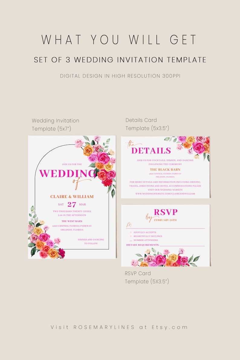 Puede incluir: Un conjunto de tres plantillas de invitaci&oacute;n de boda imprimibles con un dise&ntilde;o floral con rosas rosas, naranjas y amarillas. La plantilla de invitaci&oacute;n principal incluye el texto "Join us for the Wedding of Claire & William" y la fecha "Sat 27 Mar". La tarjeta de detalles incluye el texto "The Details" y la tarjeta RSVP incluye el texto "RSVP by February 20th".