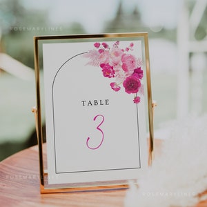 Hot pink floral table number template, blush bubblegum pink table numbers wedding, fuchsia magenta summer printable table number 212 image 2
