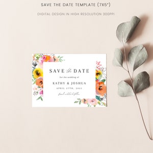 May include: A save the date card with a floral border. The text reads "Save the Date for the wedding of Kathy & Joshua April 27th, 2021".