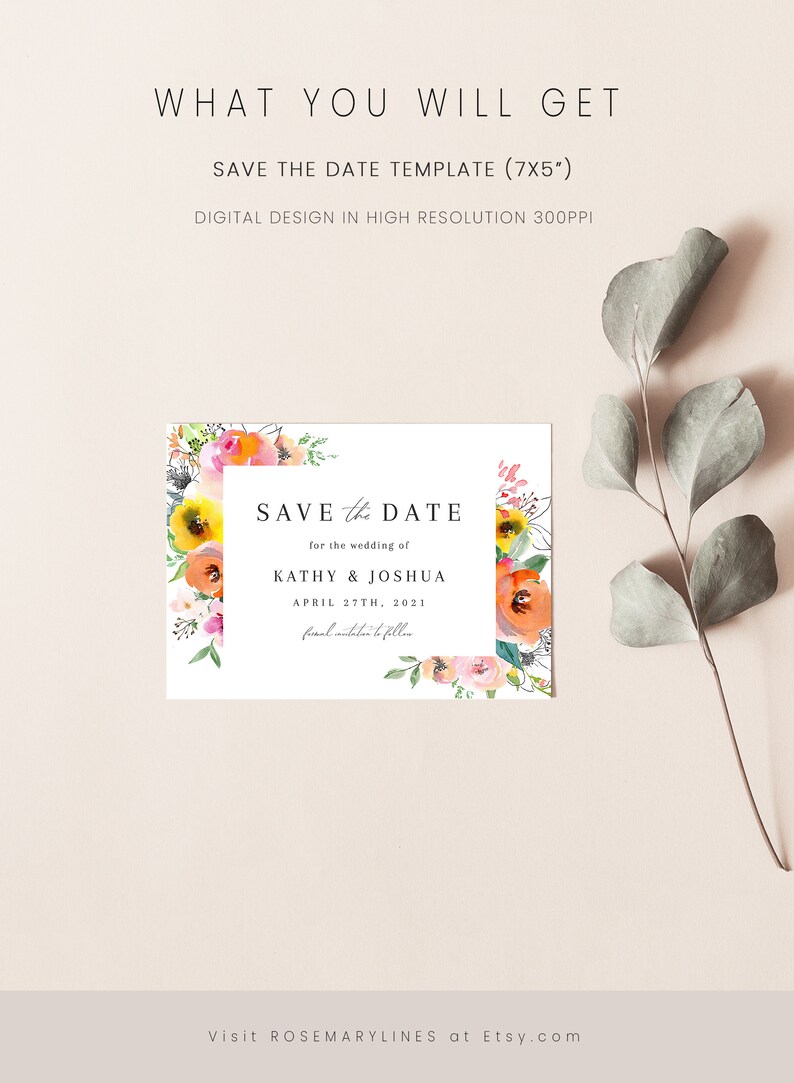 May include: A save the date card with a floral border. The text reads "Save the Date for the wedding of Kathy & Joshua April 27th, 2021".