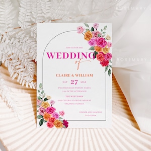 Puede incluir: Invitaci&oacute;n de boda con un dise&ntilde;o floral en tonos rosa, naranja y verde. El texto dice "Join us for the Wedding of Claire & William, S&aacute;b 27 Mar, Dos mil veinte-XXXX, 15:00 de la tarde, The West Barn, 4000 Central Florida Parkway, Orlando, Florida, Cena y baile a continuaci&oacute;n."