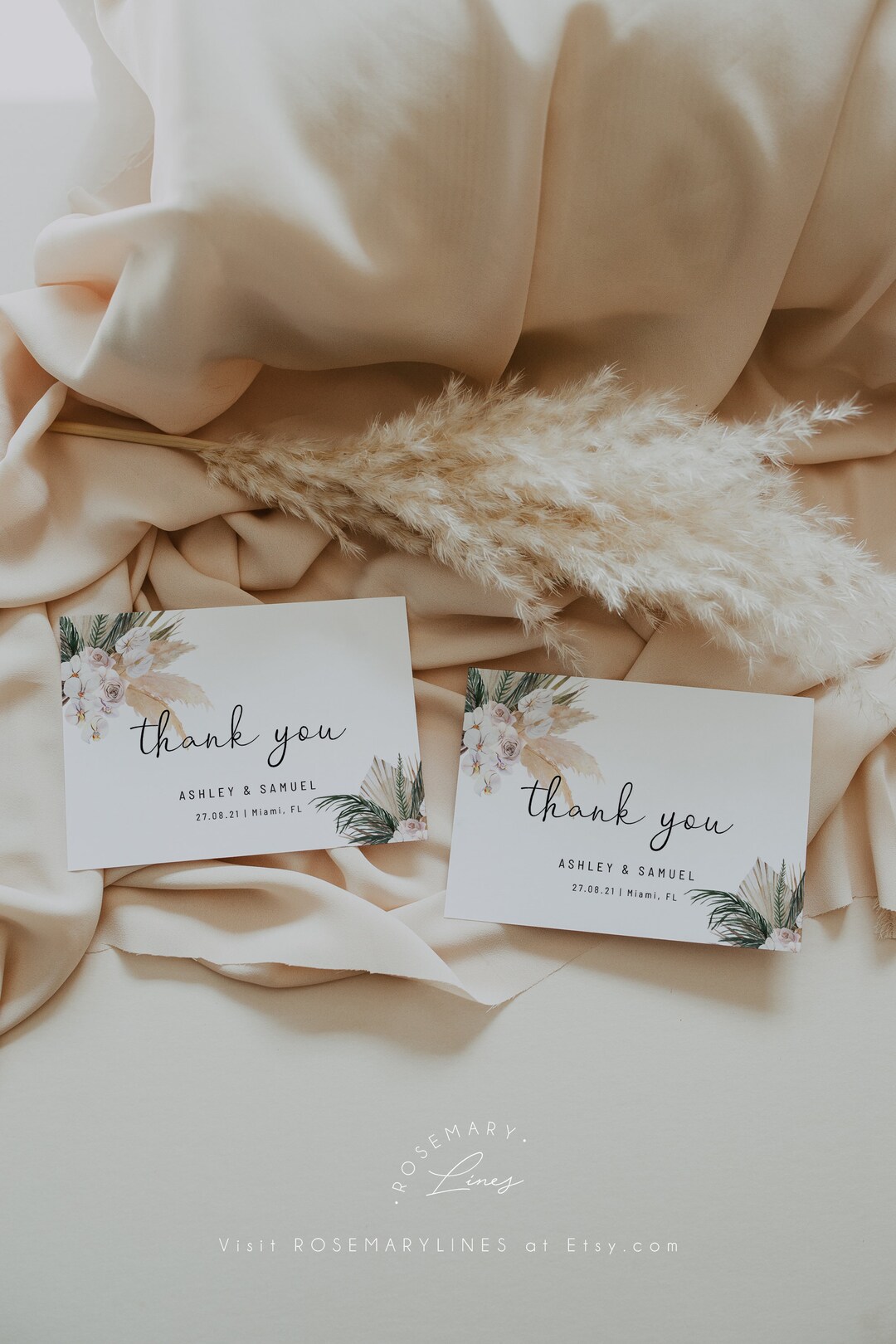 Pampas Grass Thank You Card Template, Tropical Boho Wedding Thank You ...