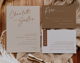 Desert wedding invitation template, boho wedding invitations, minimal earthy bohemian wedding invite set, beige terracotta earth tones #134