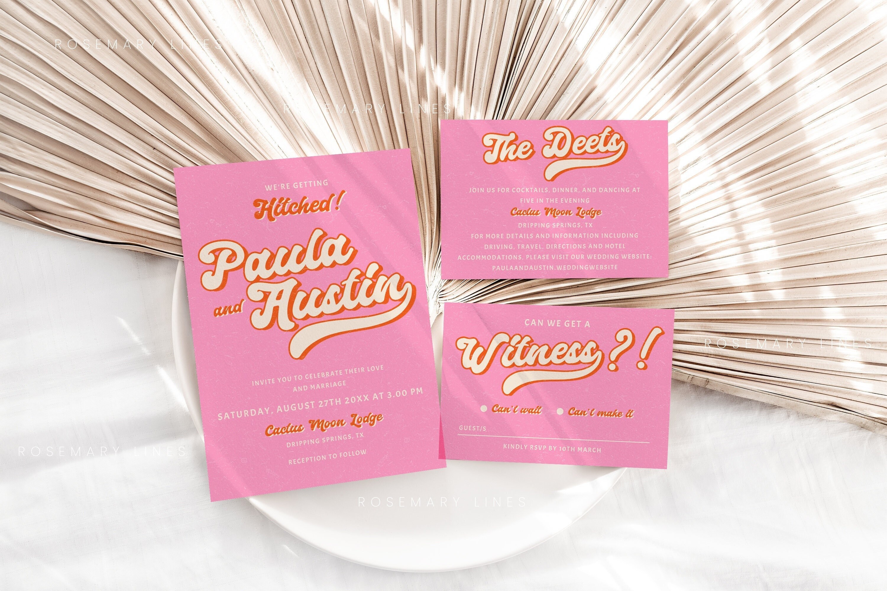 Retro wedding invitation set, pink orange wedding invitation template, 70's groovy wedding invites, bright pink terracotta disco funky #192