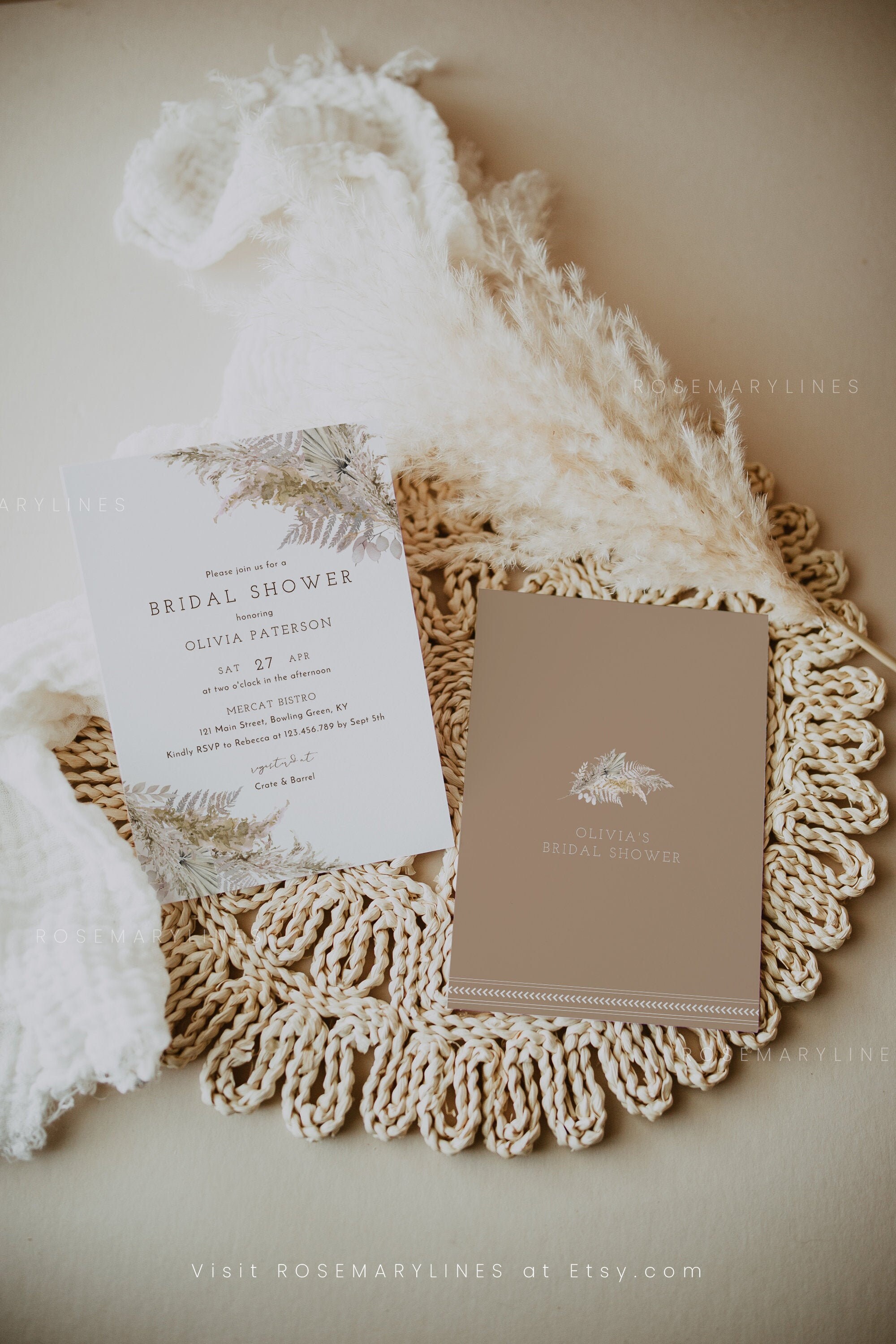 Neutral earthy boho bridal shower invitation template dried floral pampas grass bridal shower invites monochromatic fall