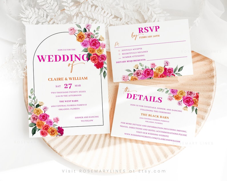 Puede incluir: Invitaci&oacute;n de boda con dise&ntilde;o floral. La invitaci&oacute;n presenta una ilustraci&oacute;n floral rosa y naranja con el texto "Join us for the wedding of Claire & William" y detalles sobre la fecha, la hora y el lugar de la boda. La invitaci&oacute;n tambi&eacute;n incluye una tarjeta RSVP con un dise&ntilde;o floral.