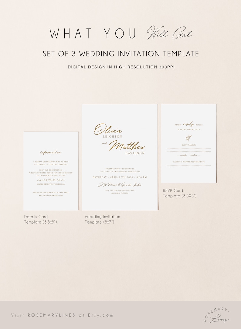 Gold wedding invitation template, gold wedding suite, elegant minimal wedding invites, modern minimalist invitation set, fall winter 078 image 6
