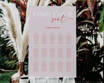 Red and pink wedding seating chart template, blush pink seating chart sign, red pink seating chart, hot pink red table seating chart #171