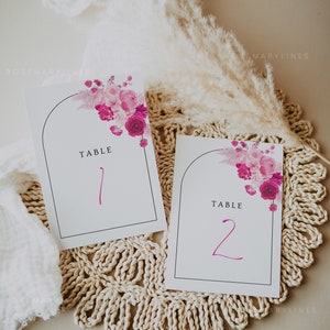 Hot pink floral table number template, blush bubblegum pink table numbers wedding, fuchsia magenta summer printable table number 212 image 3