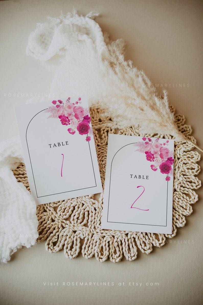 Hot pink floral table number template, blush bubblegum pink table numbers wedding, fuchsia magenta summer printable table number 212 image 3