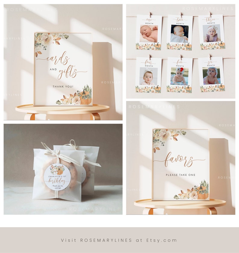 May include: Printable signs for a first birthday party with a fall theme. The signs feature a floral design with pumpkins and leaves in shades of orange, brown, and white. The text on the signs reads "cards and gifts", "thank you", "favors, please take one", and "one month", "two month", "three month", "four month", "five month", and "six month".
