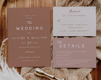 May include: A wedding invitation suite with a blush pink background. The invitation features the text "Join us for the wedding of Claire & William" with the date and time of the wedding. The RSVP card features the text "Respond by 10th of March" and includes a section for guests to indicate their attendance and any dietary requirements.