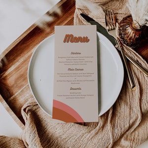 Modern retro wedding menu template, 60s 70s menu, boho wedding menu cards, 1970s printable menu, groovy pink orange shower menu #147-9