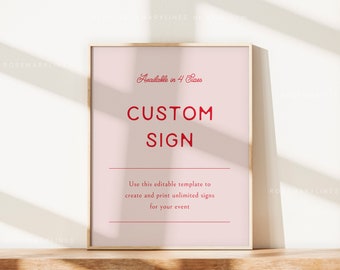 Pink and red custom sign template, mid century modern retro wedding sign, 60s 70s 80s custom wedding signs, bright red editable signs #178