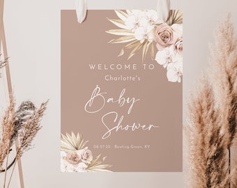 Blush boho baby shower welcome sign template, dusty rose baby shower signs, floral dried palm fall baby shower poster, neutral orchid #160