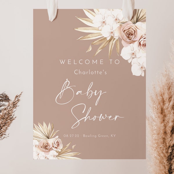Blush boho baby shower welcome sign template, dusty rose baby shower signs, floral dried palm fall baby shower poster, neutral orchid #160
