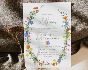 Wildflower birthday invitation template, spring colorful floral boho birthday invites, botanical wildflowers field flowers meadow grass #190