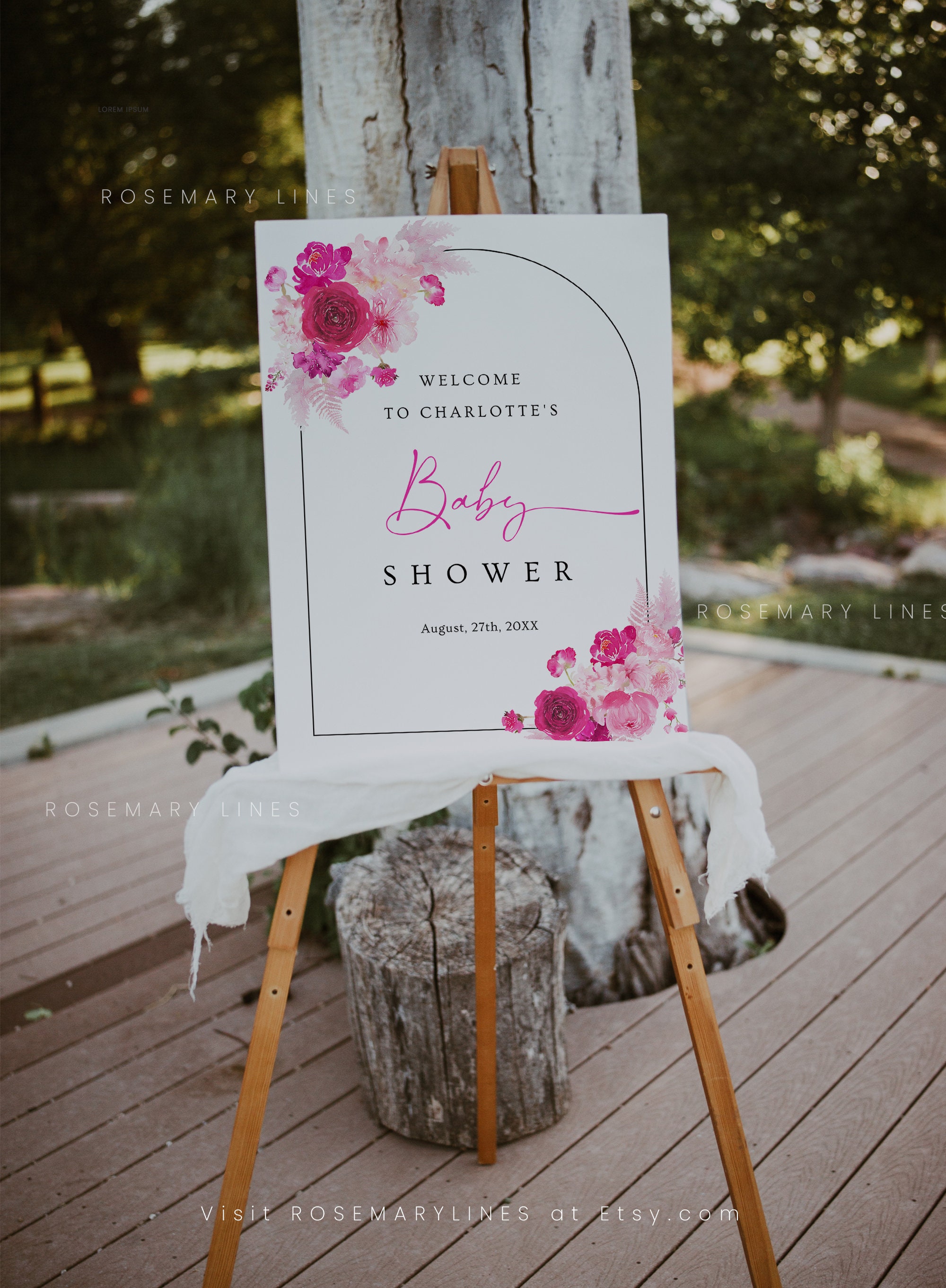 Welcome Rosa Hot Pink Baby Shower Welcome Sign Template, Pink Floral Welcome Sign ...