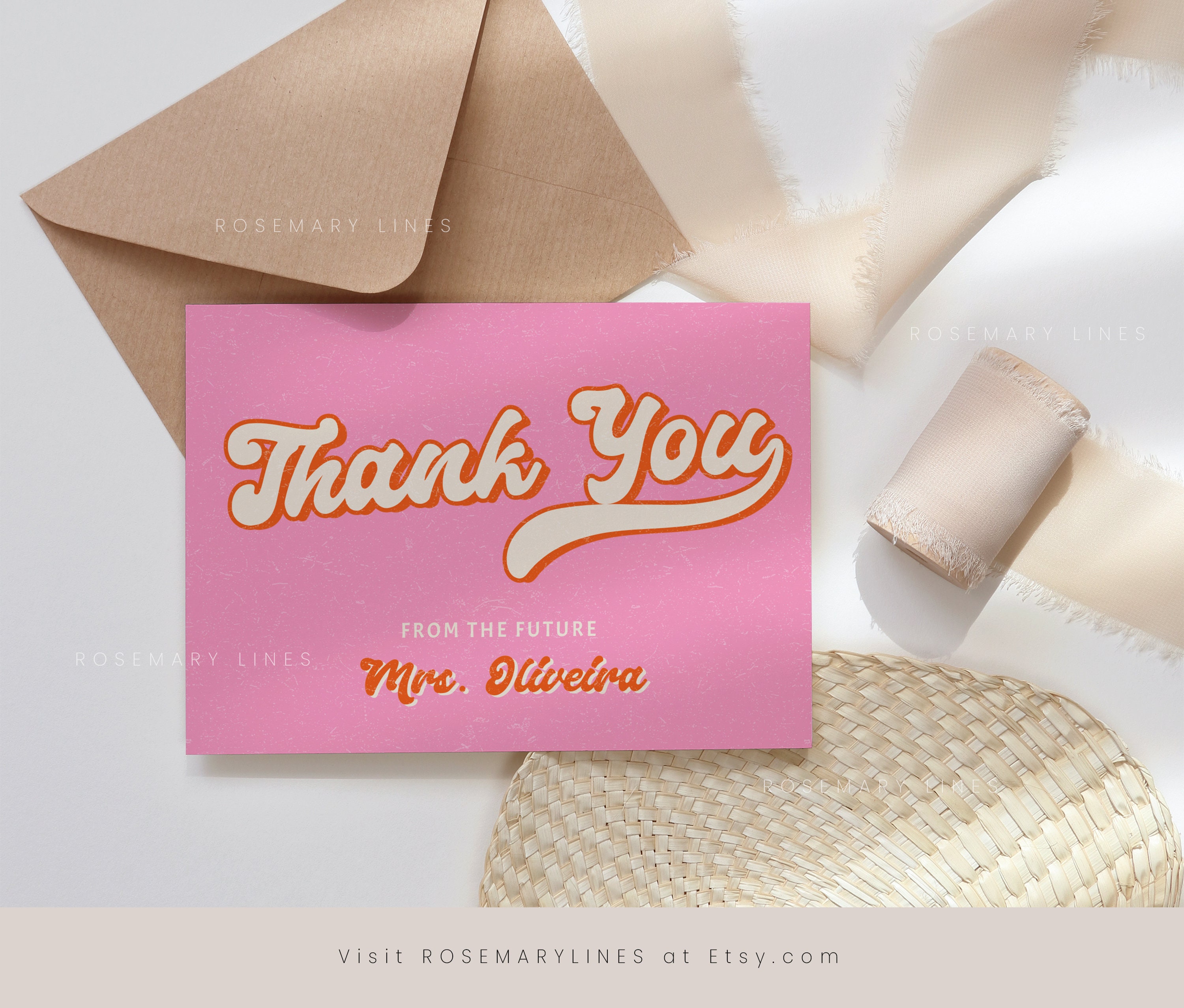 Retro Bridal Shower Thank You Card, Pink Orange Thank You Card Template ...