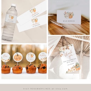 May include: Fall-themed first birthday party decorations with a pumpkin and floral design. The set includes a water bottle label, cupcake toppers, a thank you tag, and a place card. The colors are orange, brown, white, and gold.