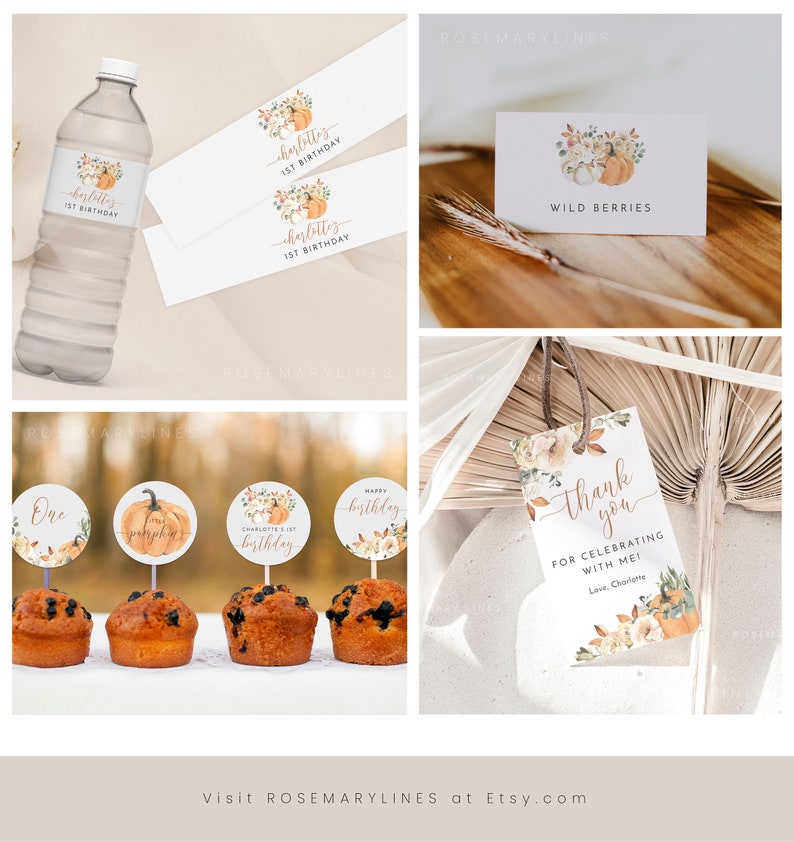 May include: Fall-themed first birthday party decorations with a pumpkin and floral design. The set includes a water bottle label, cupcake toppers, a thank you tag, and a place card. The colors are orange, brown, white, and gold.