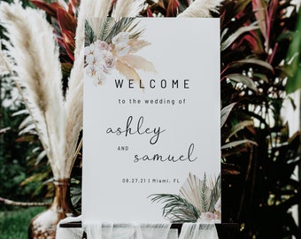 Tropical boho wedding welcome sign, pampas grass welcome sign template, dried palm leaf welcome sign wedding, greenery rose orchid #108